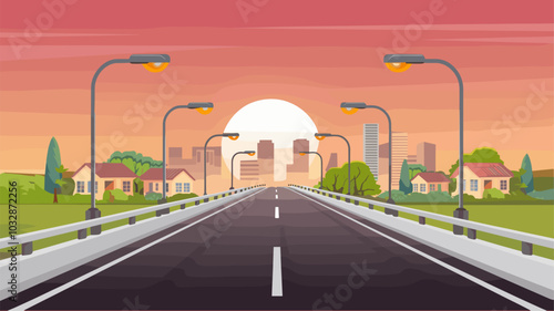 Overpass car road to city at sunset. Vector cartoon illustration of highway bridge with street lights, railings and summer cityscape with house buildings, skyscrapers, trees and sun at evening