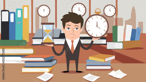 Time management concept with man with hourglass and clock in office. Vector cartoon illustration of work organization, deadline, time control with businessman character with watch