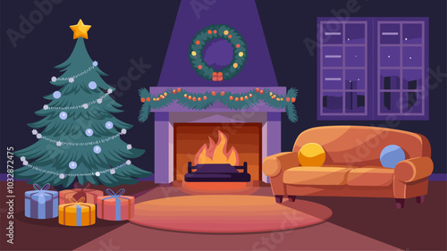 Living room with Christmas tree, fireplace and sofa at night. Vector cartoon illustration of home interior with New Year decoration, Xmas fir with silver balls and garland