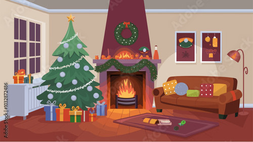 Living room with Christmas tree, fireplace and sofa at night. Vector cartoon illustration of home interior with New Year decoration, Xmas fir with silver balls and garland