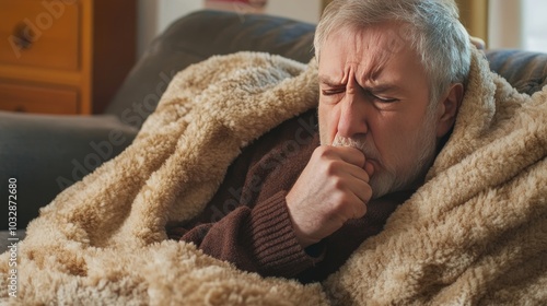 A Caucasian man with bronchitis coughs into his fist while lying on a sofa under a blanket at home. He is experiencing a seasonal winter infection, such as the flu or a cold.