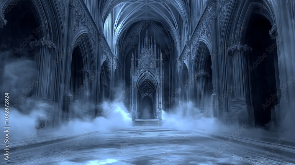 A ghostly fog swirls through the grand hall of a gothic cathedral The stone arches and ornate details are shrouded in mist A shadowy throne stands at the far end. A ghostly fog swirls through the grand hall of a gothic cathedral The stone arches and ornate details are shrouded in mist A shadowy throne stands at the far end.