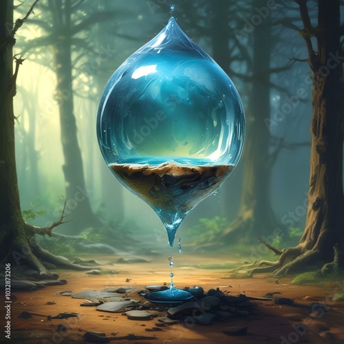 Illustration of water drop with world inside.