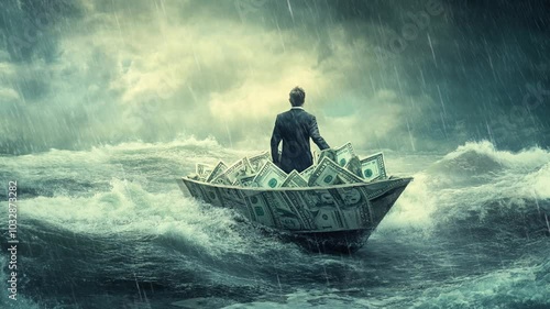 A man in a suit navigates a stormy sea of dollar bills on a small boat during a dramatic rainstorm. seamless looping animation background photo