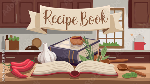 Recipe book on wooden table background. Banner with cookbook and condiments red chili pepper, garlic, rosemary, allspice, bay leaves and wood spoons cooking tools, Realistic 3d vector illustration