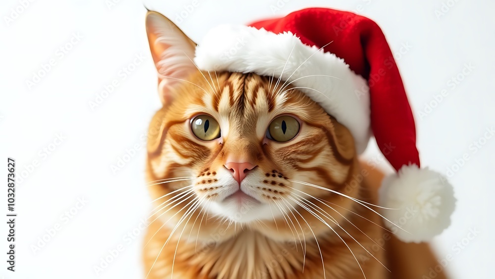 Ginger cat in Santa Claus hat on white background Ginger cat in Santa Claus hat on white background
