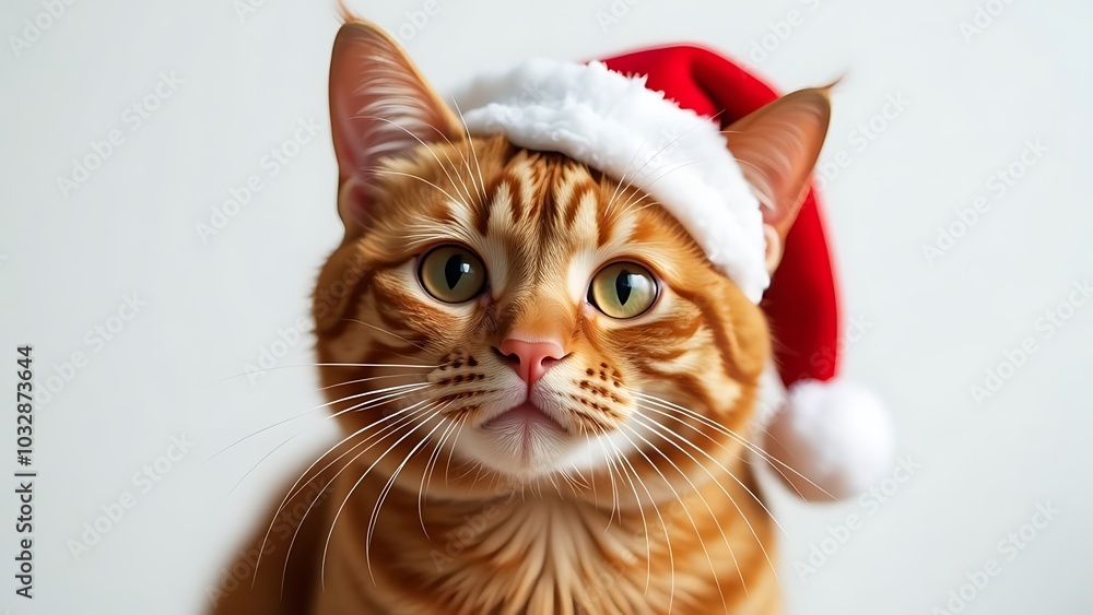 Ginger cat in Santa Claus hat on white background Ginger cat in Santa Claus hat on white background