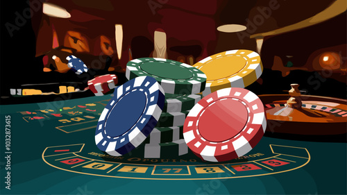 Gamble casino falling poker chips stack vector set. Plastic blue, green, red and yellow blackjack gambling money 3d realistic illustration. Isolated color blank playing currency for roulette design