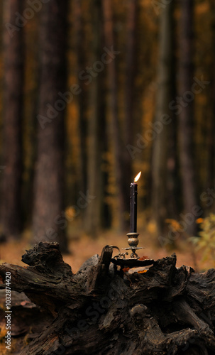 burning magic black candle in mystery autumn forest, abstract natural background. fairy tale scene. witchcraft, magic ritual. Fall season. Samhain, Halloween holidays concept