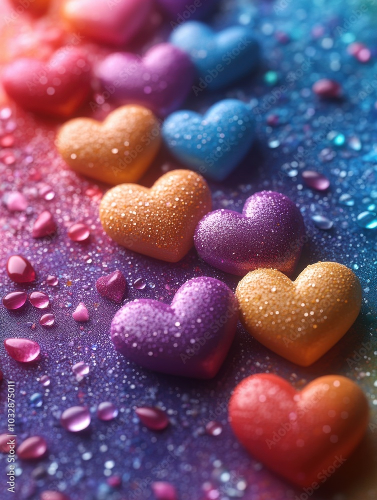 Many hearts that are on a rainbow colored surface Many hearts that are on a rainbow colored surface