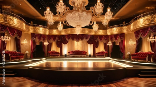 ゴールドを基調としたエレガントな空間、ステージ。