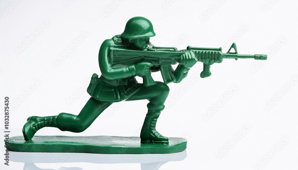 Miniature green toy soldier holding a rifle with a white background; mini green color toy infantry soldier in focus with a studio lighting and white background; small little green toy soldier figurine Miniature green toy soldier holding a rifle with a white background; mini green color toy infantry soldier in focus with a studio lighting and white background; small little green toy soldier figurine