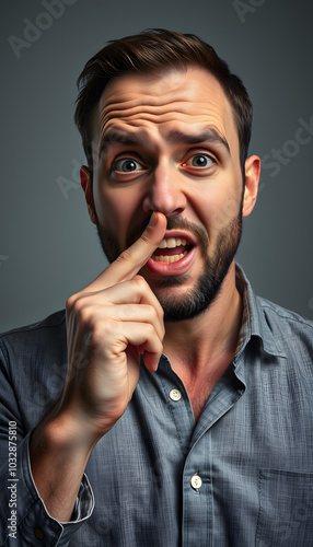 Man putting finger into his nose, fooling around, bad habits, disrespectful behavior isolated with white highlights, png