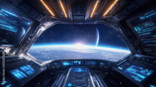 Fototapeta Naklejka Na Ścianę i Meble -  Exploring the vast universe from a futuristic spaceship interior with sleek design and advanced technology, witnessing Earth's beauty at dawn