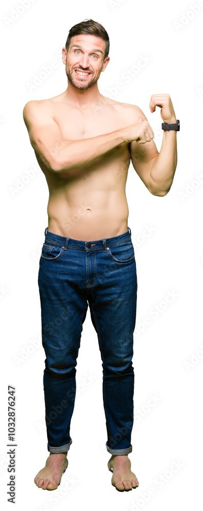 Handsome shirtless man showing nude chest Pointing to the back behind with hand and thumbs up, smiling confident Handsome shirtless man showing nude chest Pointing to the back behind with hand and thumbs up, smiling confident