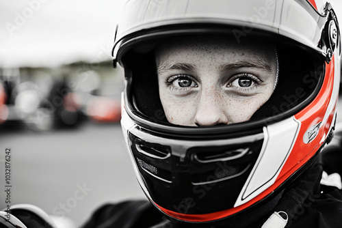 go-kart driver preparing for race, focused expression through visor,