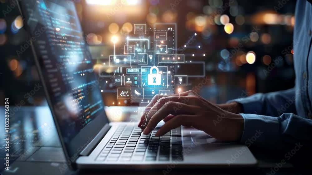 Cyber security network. Data protection concept. Businesswoman using laptop computer with digital padlock on internet technology networking with cloud computing and data management, cybersecurity. 4k