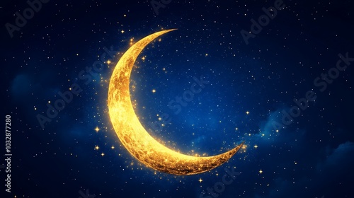 A crescent moon glows brightly in a star-filled night sky.