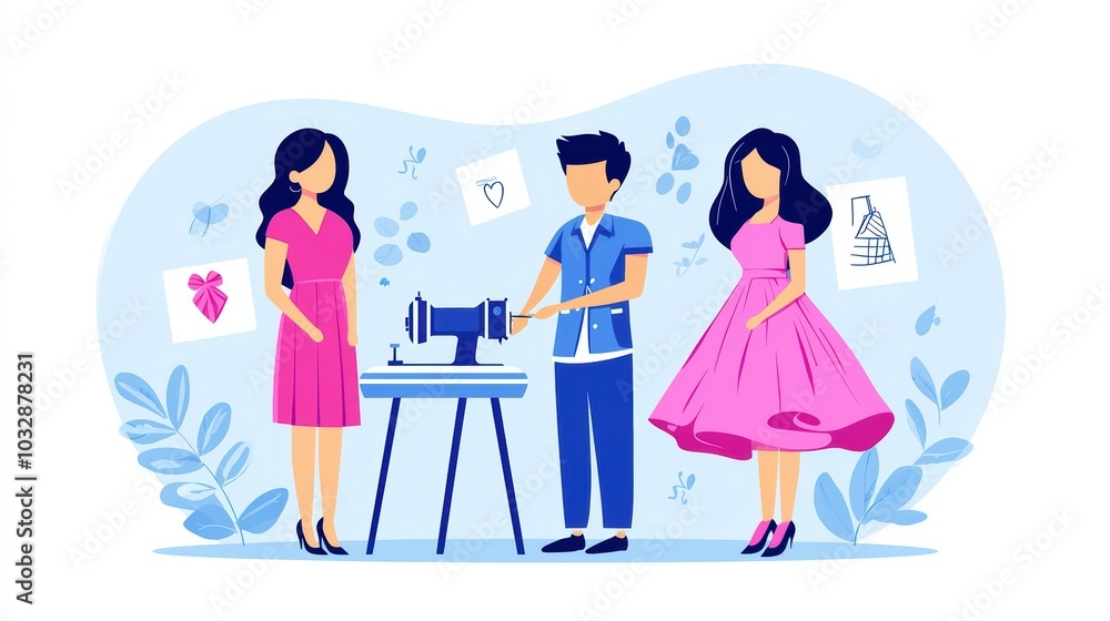 A sewing workshop scene featuring a designer working with two models showcasing beautiful dresses. A sewing workshop scene featuring a designer working with two models showcasing beautiful dresses.
