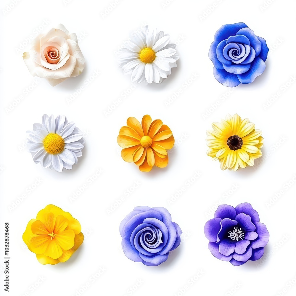 A vibrant arrangement of various colorful flowers on a white isolated background. A vibrant arrangement of various colorful flowers on a white isolated background.