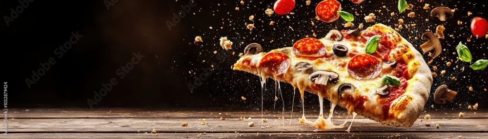 Delicious pizza slice with toppings, cheese melting, on wooden surface, appetizing look, perfect for food lovers. Delicious pizza slice with toppings, cheese melting, on wooden surface, appetizing look, perfect for food lovers.