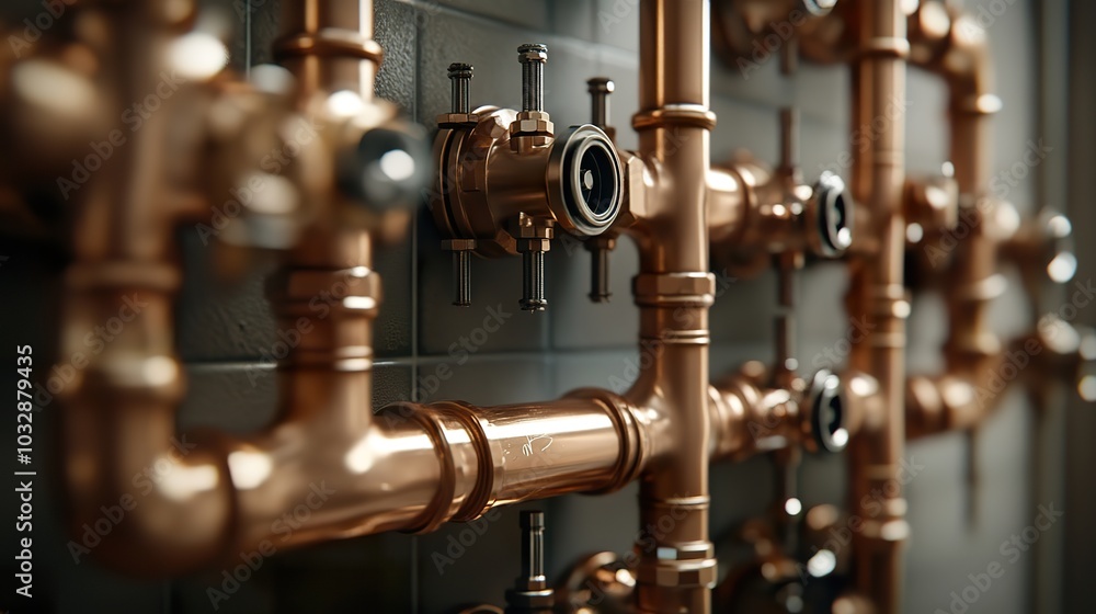 A close-up of copper pipes arranged in a wall with valves and connectors in a utility room A close-up of copper pipes arranged in a wall with valves and connectors in a utility room