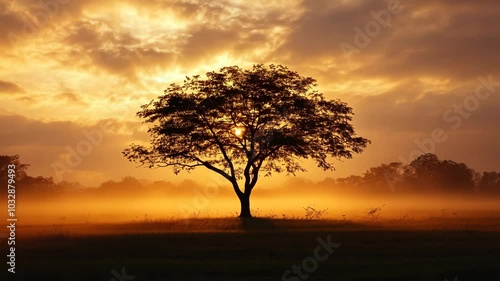 A single tree stands tall against a vibrant sunset, silhouetted against the hazy, golden sky