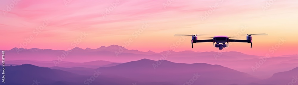 Drone flying over a colorful mountain landscape at sunset. Drone flying over a colorful mountain landscape at sunset.
