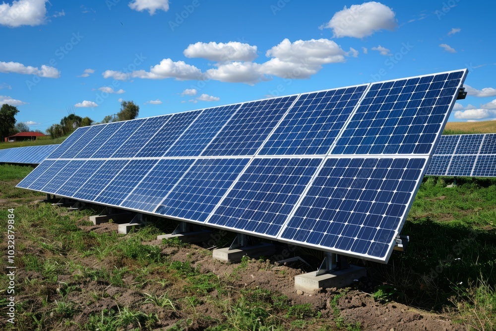 Solar panels in green field under blue sky Solar panels in green field under blue sky
