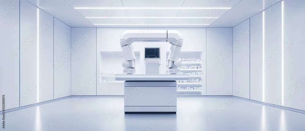 Futuristic robotic arm positioned in a sterile white lab environment. Futuristic robotic arm positioned in a sterile white lab environment.