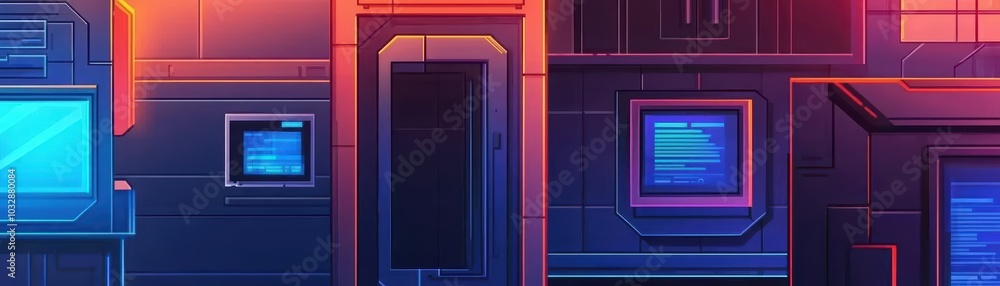 Futuristic technology wall with glowing screens and panels in vibrant colors. Futuristic technology wall with glowing screens and panels in vibrant colors.