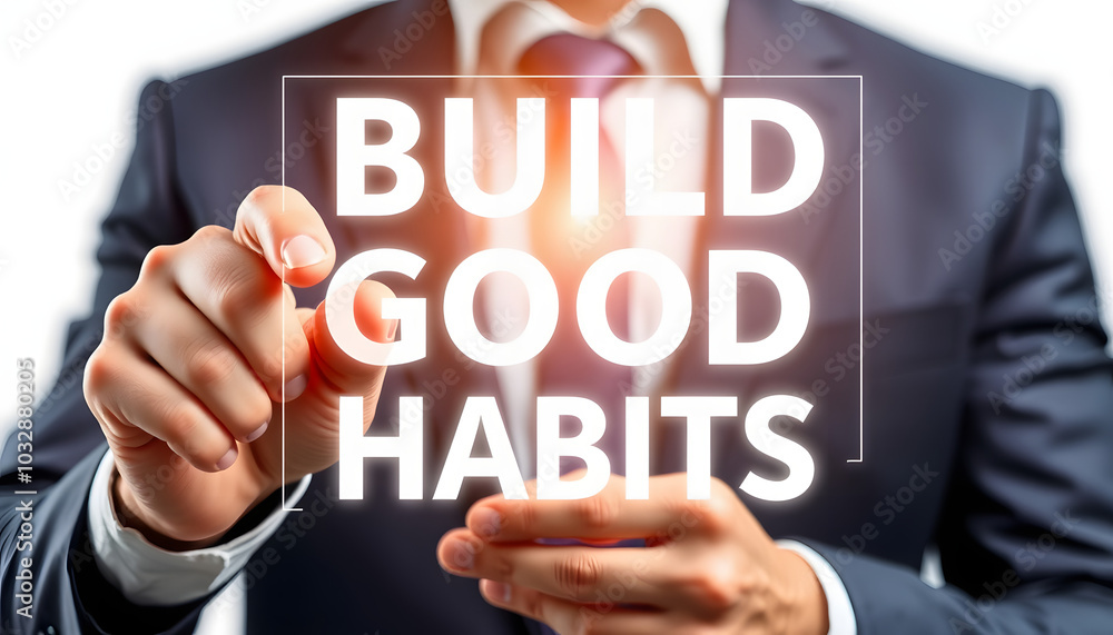 Business man using virtual touch screen presses inscription: BUILD GOOD HABITS. Concept of build good habits. Business, psychological and build good habits isolated with white highlights, png Business man using virtual touch screen presses inscription: BUILD GOOD HABITS. Concept of build good habits. Business, psychological and build good habits isolated with white highlights, png