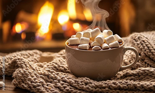 Cup of hot chocolate with marshmallows overflowing, placed next to a cozy blanket in front of a flickering fireplace