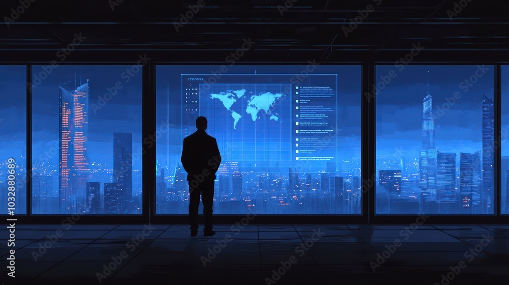 Silhouette of a businessman standing in front of a large window overlooking a futuristic cityscape with digital interface. Silhouette of a businessman standing in front of a large window overlooking a futuristic cityscape with digital interface.