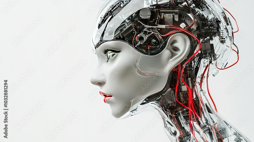 Female robot with transparent head showing wires, looking away Female robot with transparent head showing wires, looking away