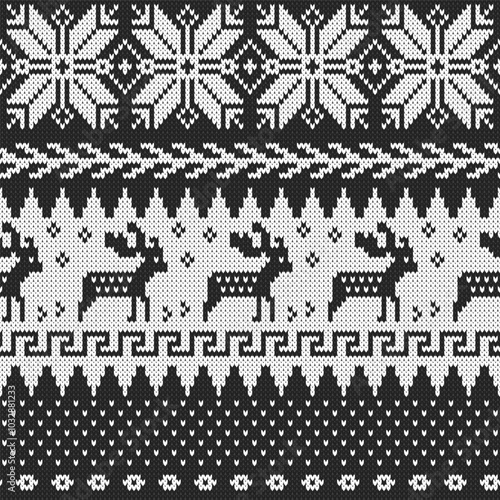 Black & White retro winter holiday knit Vector Pattern. Timeless fair isle knitting texture with reindeer and folk motifs in black and white seamless pattern.