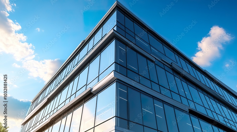 Modern office building exterior with sleek lines and reflective windows. Modern office building exterior with sleek lines and reflective windows.