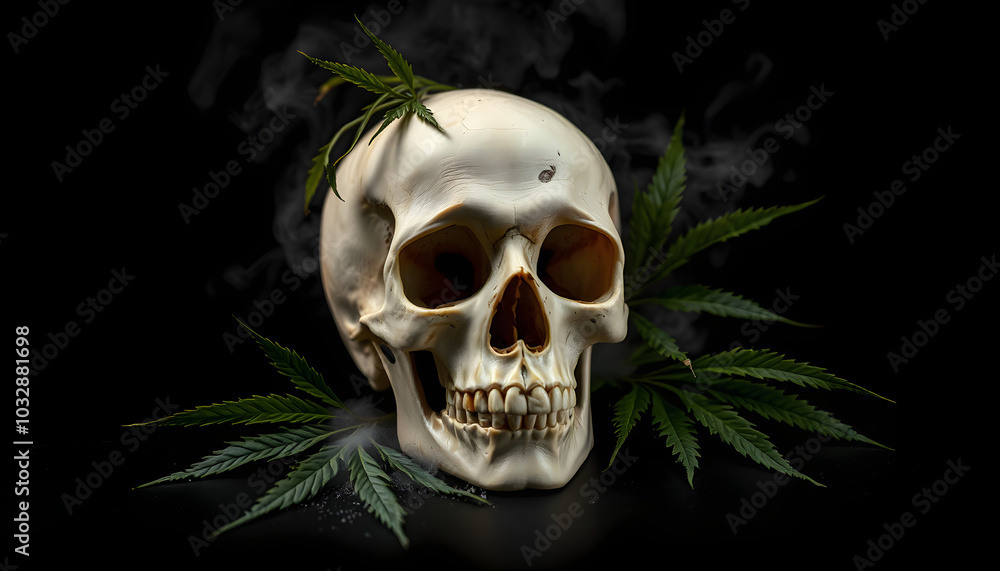 Human skull with hemp leaves and mist on dark background isolated with white highlights, png Human skull with hemp leaves and mist on dark background isolated with white highlights, png