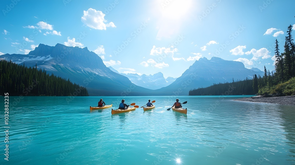 A Group of People Kayaking on a Clear Blue Lake, With Mountains in the Background and Bright Sunshine A Group of People Kayaking on a Clear Blue Lake, With Mountains in the Background and Bright Sunshine