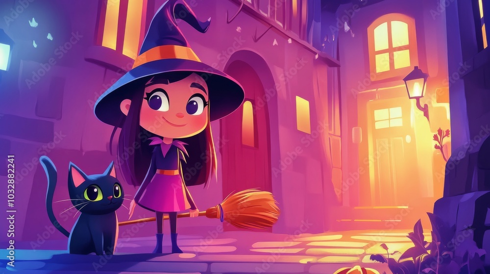 Fototapeta premium one Cute little witch with broom cartoon a cat magic halloween card and fantasy young girl character in costume hat