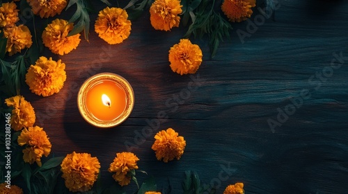 A glowing Diya rests on a wooden surface beautifully surrounded by vibrant marigold flowers illuminating the surroundings with its soft light and adding a festive touch to the decor photo