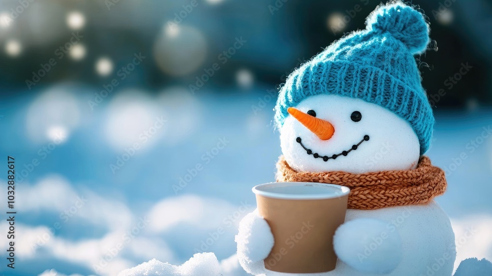 Obraz premium Christmas Background, Winter Wonderland, Cheerful snowman holding a cup, snowy landscape, winter atmosphere.