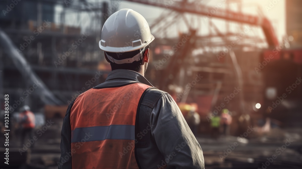 Construction men wearing hardhats working background of massive construction Construction men wearing hardhats working background of massive construction