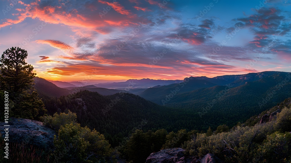Obraz premium A Panoramic View of a National Park at Sunrise, With Vibrant Colors in the Sky, Mountains, and Lush Forests 