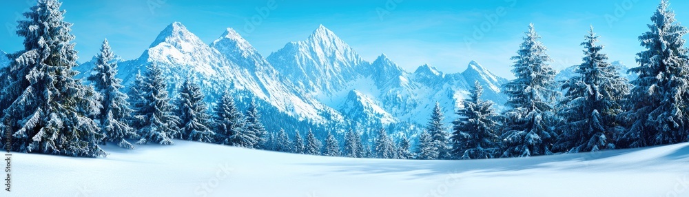 custom made wallpaper toronto digitalChristmas Background, Winter Wonderland, Snowy mountain landscape with evergreen trees under a clear blue sky.