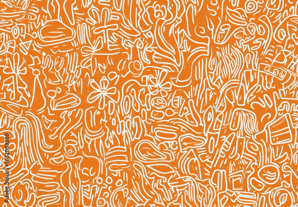 orange and white line drawing, repeating pattern of doodles orange and white line drawing, repeating pattern of doodles