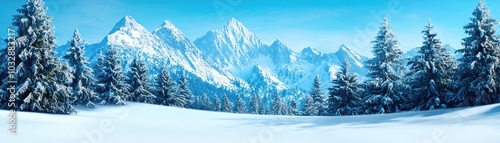 Wallpaper Mural Christmas Background, Winter Wonderland, Snowy mountain landscape with evergreen trees under a clear blue sky. Torontodigital.ca