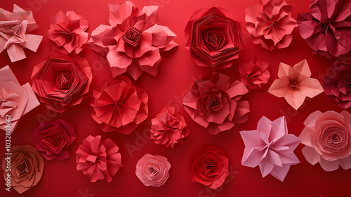 An Artistic Collection of Origami Roses on a Vibrant Red Background Displaying Various Shades and Intricate Shadowing photo