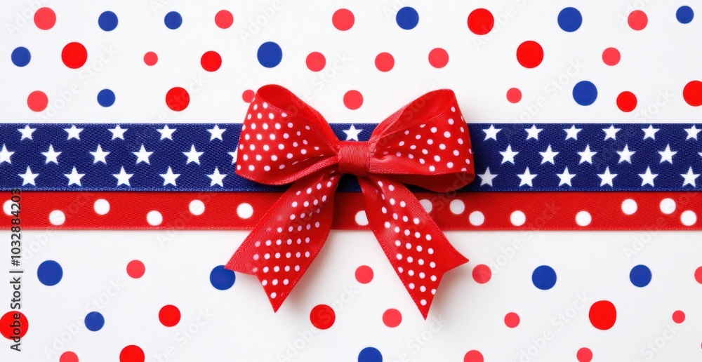 Fototapeta premium Patriotic view of a red, white, and blue ribbon with a bow on an isolated background USA Day ribbon banner with copy space Generative AI