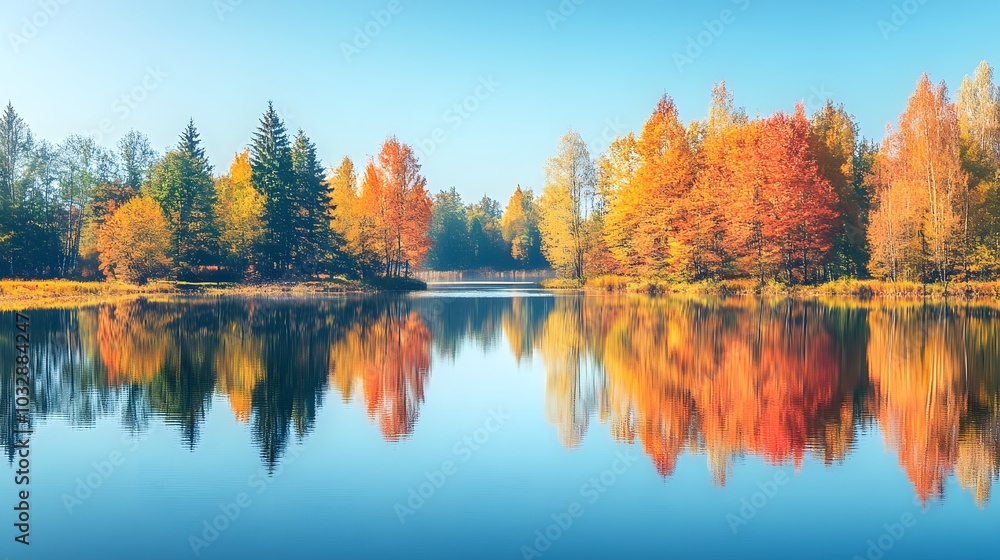 Obraz premium A Tranquil Lake Reflecting Autumn Trees, With Colorful Foliage and a Clear Blue Sky